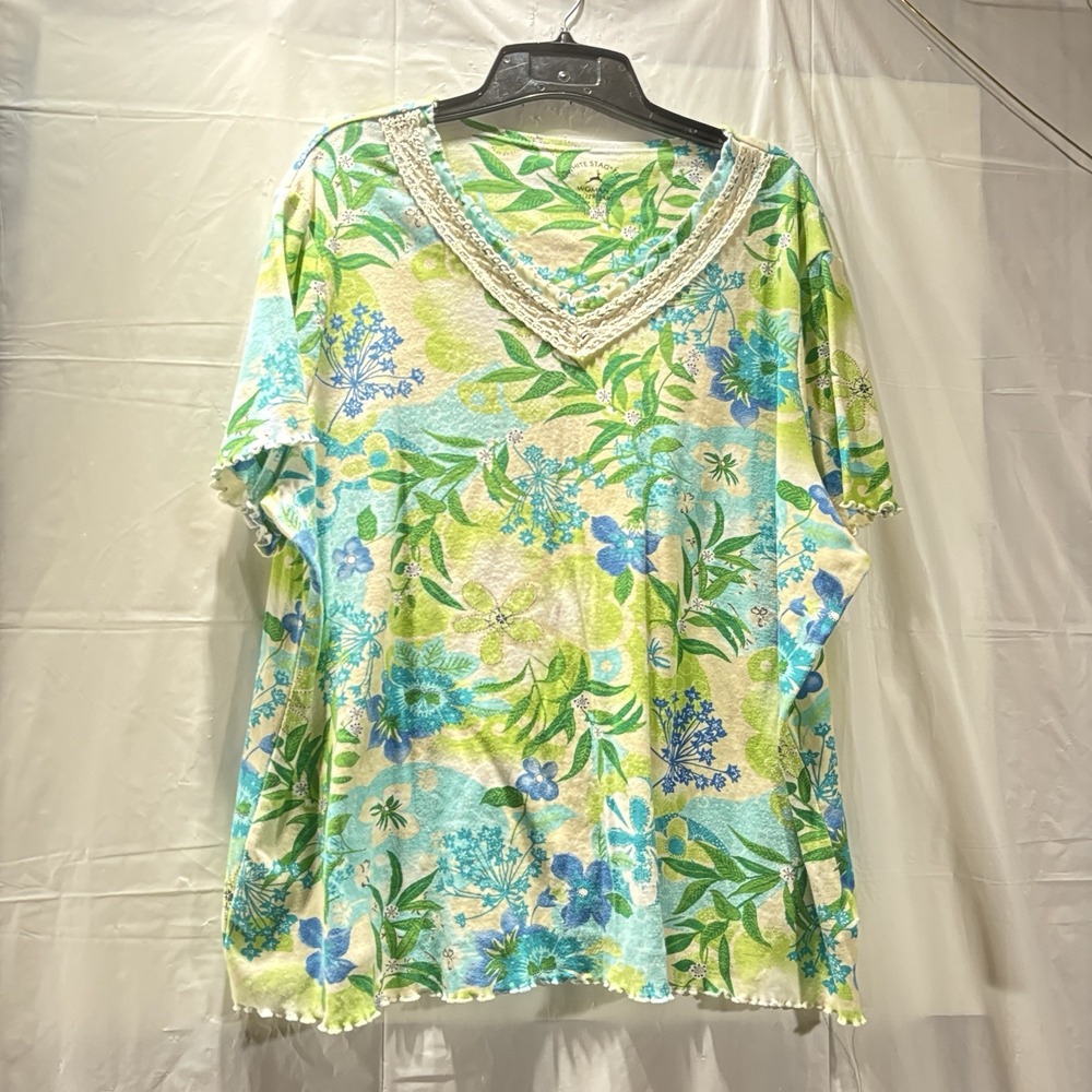 White Stag 3X top Green floral print v neck short sleeve Trim 100% cotton